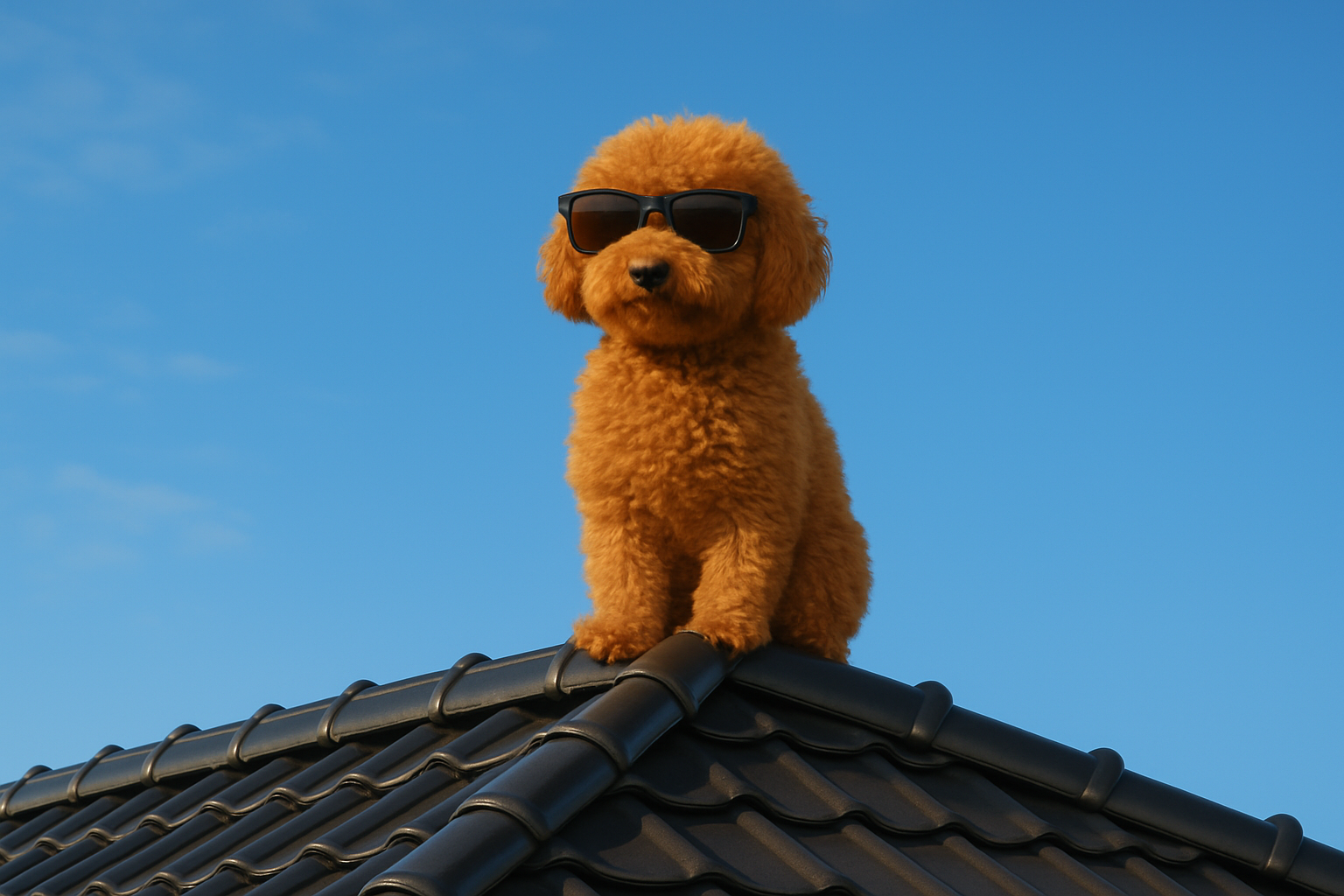 Poodle with sunglasses on clay tile roof